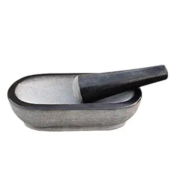 Buy the exquisite 12-Inch Black Granite Stone Mortar and Pestle Set – Unpolished, perfect for spices, Okhli masher, and Khalbatta