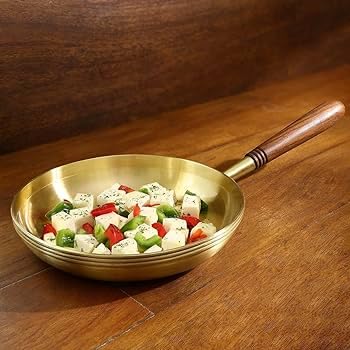 Elegant 15.5-Inch Brass Frying Pan with Wooden Handle – Pan, Premium Cooking Utensil with Enhanced Durability and Heat Retention