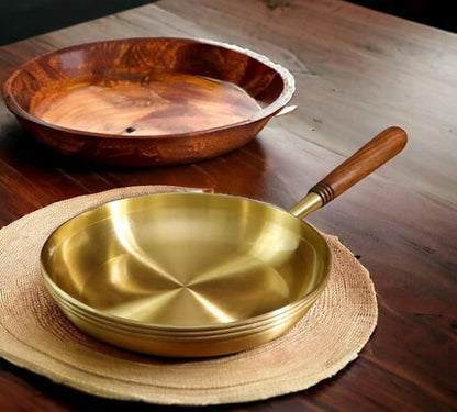 Elegant 15.5-Inch Brass Frying Pan with Wooden Handle – Pan, Premium Cooking Utensil with Enhanced Durability and Heat Retention