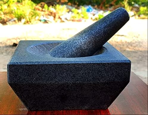 Handmade Pure Granite Stone Mortar and Pestle Set – Kalvam, Kharad, Spice Mixer, Okhli, Square Kharal for Kitchen