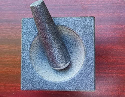 Handmade Pure Granite Stone Mortar and Pestle Set – Kalvam, Kharad, Spice Mixer, Okhli, Square Kharal for Kitchen