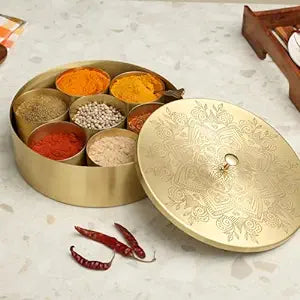 Handcrafted Spice Box - Brass Masala Box, Indian Spice Dabba, Spice Containers, and Seasoning Gift Set