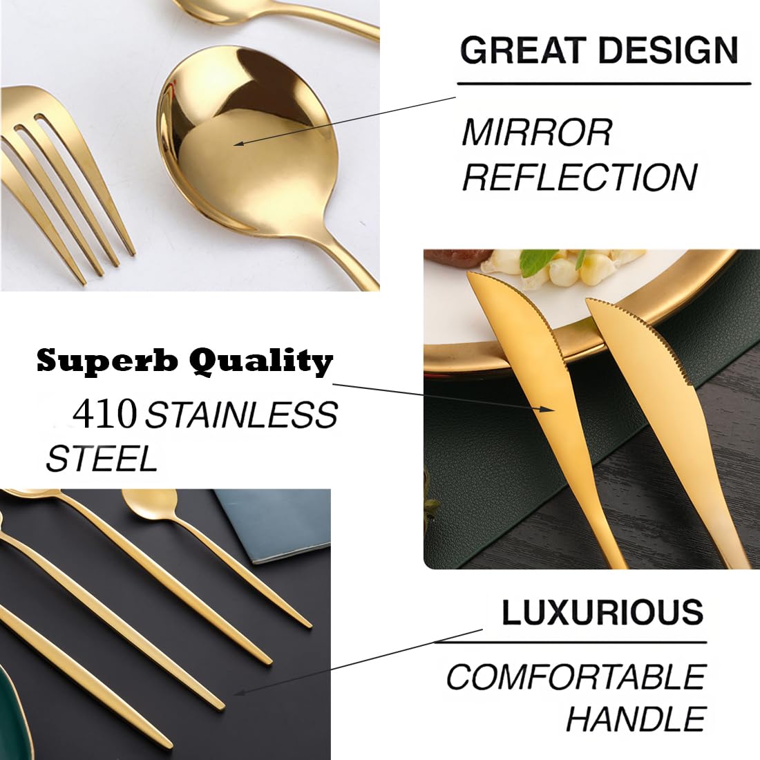 Elegant 24-Piece Mirror Finish Gold Cutlery Set for 6 – Premium Stainless Steel Flatware and Golden Dinnerware