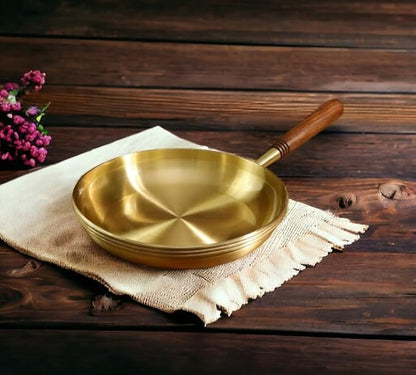 Elegant 15.5-Inch Brass Frying Pan with Wooden Handle – Pan, Premium Cooking Utensil with Enhanced Durability and Heat Retention