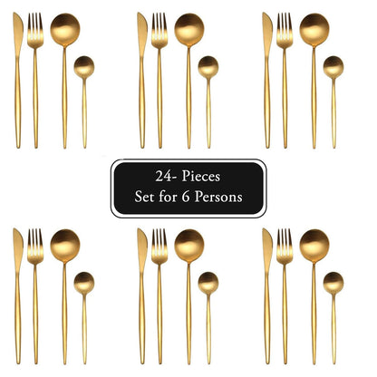 Elegant 24-Piece Mirror Finish Gold Cutlery Set for 6 – Premium Stainless Steel Flatware and Golden Dinnerware