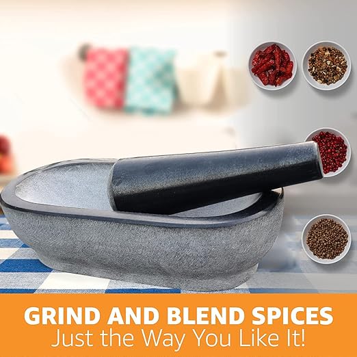 Buy the exquisite 12-Inch Black Granite Stone Mortar and Pestle Set – Unpolished, perfect for spices, Okhli masher, and Khalbatta