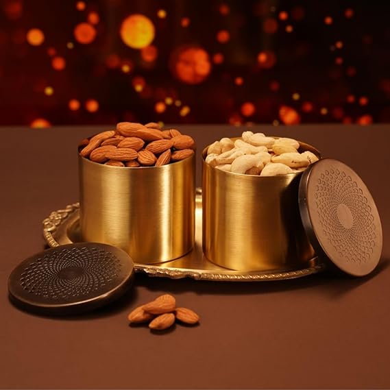 Handcrafted Set of 2 Brass Dry Fruits Boxes With Free Dry Fruits - Perfect Dry Fruits Gift Pack or Elegant Dry Fruit Containers for Home