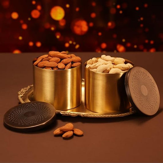 Handcrafted Set of 2 Brass Dry Fruits Boxes With Free Dry Fruits - Perfect Dry Fruits Gift Pack or Elegant Dry Fruit Containers for Home