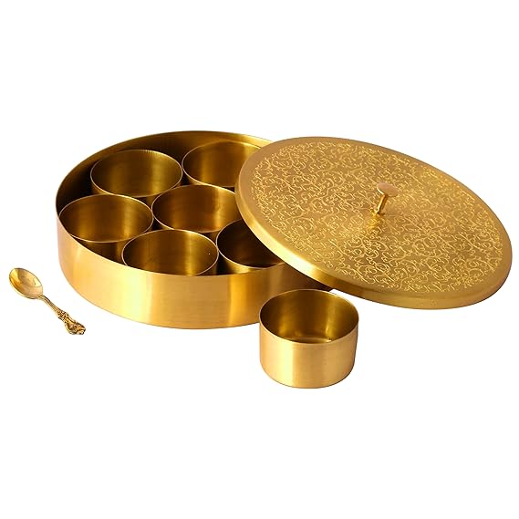 7 Inch Spice Box - Brass Masala Box, Indian Spice Dabba, Spice Containers, Seasoning Gift Set"