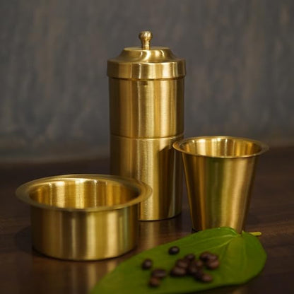 Brass Coffee Filter and 1 Dabara Cup Set | South Indian Drip Style Decoction Liquid Maker | Coffee Filter Vessel | 2-3 Cup Decoction Maker