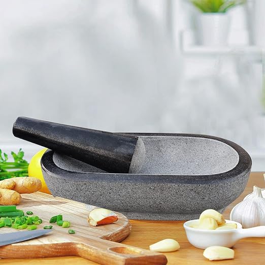 Buy the exquisite 12-Inch Black Granite Stone Mortar and Pestle Set – Unpolished, perfect for spices, Okhli masher, and Khalbatta