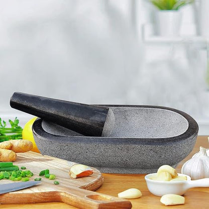 Buy the exquisite 12-Inch Black Granite Stone Mortar and Pestle Set – Unpolished, perfect for spices, Okhli masher, and Khalbatta