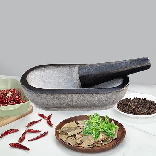 Buy the exquisite 12-Inch Black Granite Stone Mortar and Pestle Set – Unpolished, perfect for spices, Okhli masher, and Khalbatta