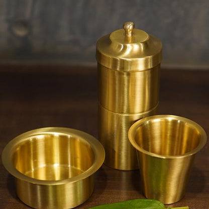 Brass Coffee Filter and 1 Dabara Cup Set | South Indian Drip Style Decoction Liquid Maker | Coffee Filter Vessel | 2-3 Cup Decoction Maker