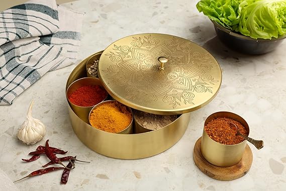 Handcrafted Spice Box - Brass Masala Box, Indian Spice Dabba, Spice Containers, and Seasoning Gift Set