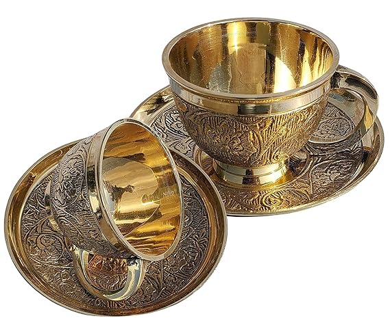 Cup And Saucer. Brass Beautifully Flower Design Capacity 200 ml (Pack of - 4)