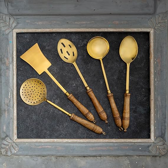 Cutlery Set, Brass Ladle, Serving Spoon, Karandi, Antique Spatula, Set of 5 Kitchen Spoon, Antique Cutlery, Cooking Utensils, Metal Spatula,Ladle Online