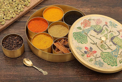 Handcrafted Peacock Print Spice Box - Brass Masala Box, Indian Spice Dabba, Spice Containers, Seasoning Gift Set