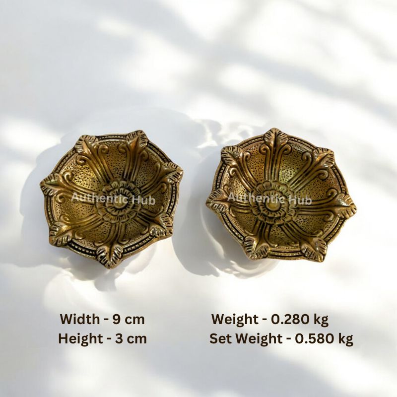 Brass Diya Lamp for Aarti, Diwali Set of 10 Diya, Indian Brass Oil Lamp, Flower Design 7 Wick Oil Lamp, Vilakku, Diwali Aarti Diya - AUTHENTIC HUB