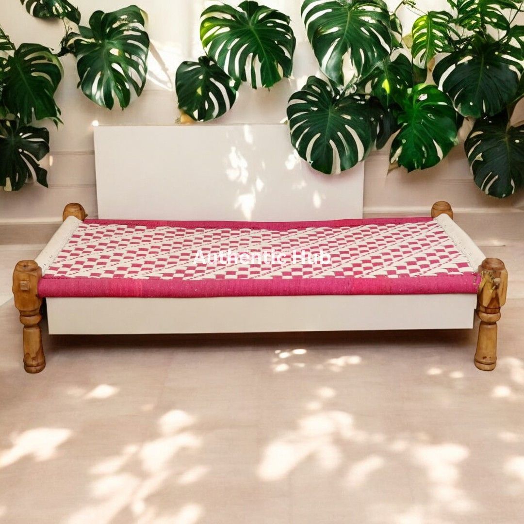 Khatiya: Handmade Daybed, Pink Woven Garden Bench, Indian Furniture, Rope Bed, Garden Bench - AUTHENTIC HUB