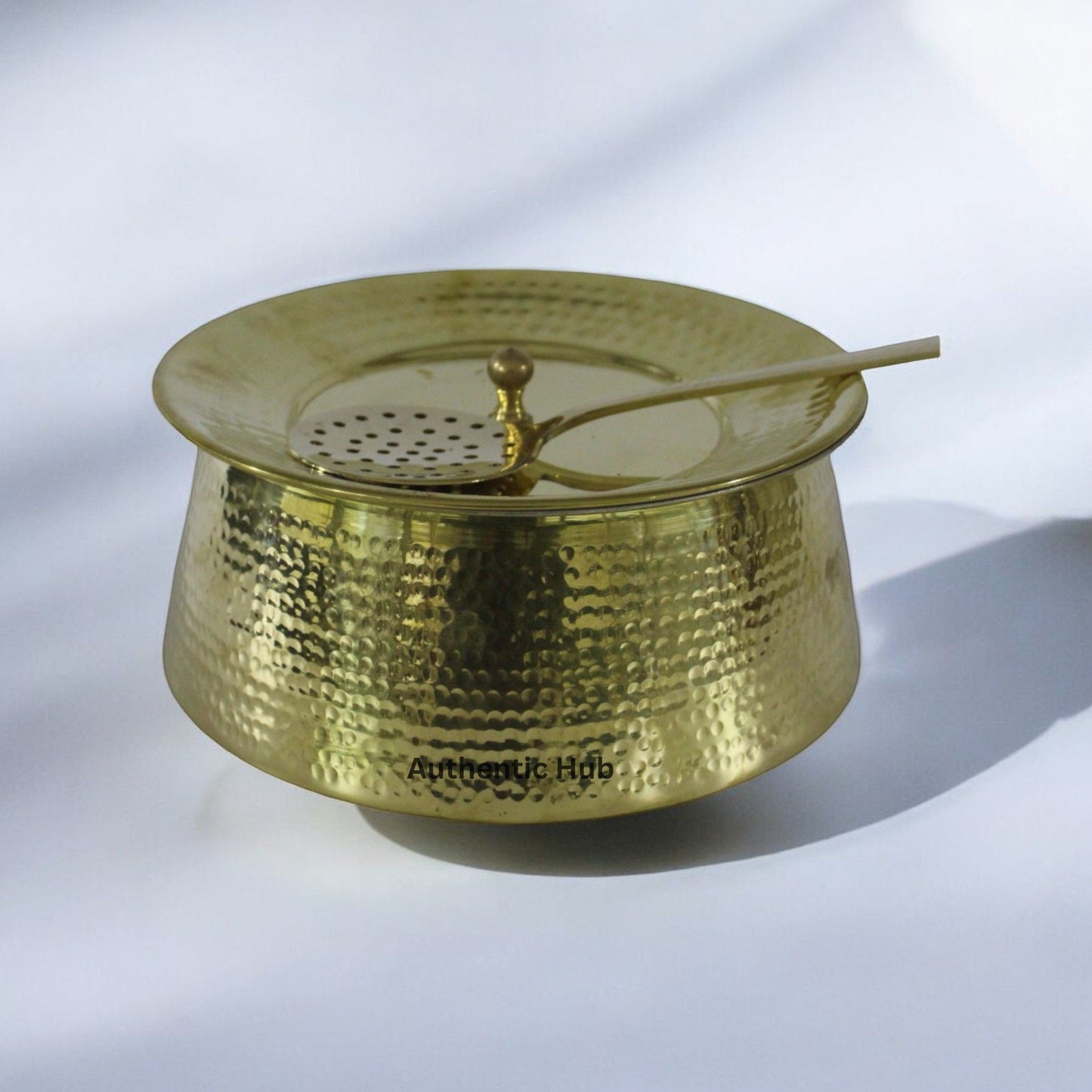 Brass 4 Liter Biryani Handi with Lid and Ladle, Brass Hammered Degchi, Serving Handi, Brass Hammered Serving Bowl Set of 3, Buy Cooking Pot Set Online - AUTHENTIC HUB