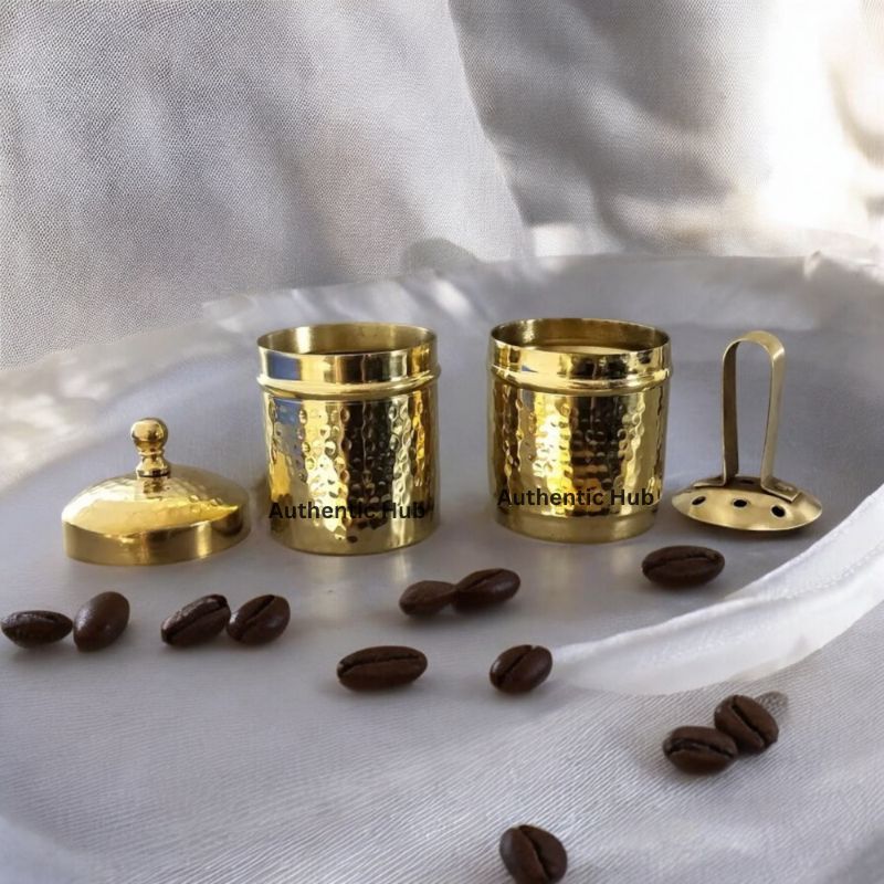 "6 Cup Hammered Brass Filter with 6 Dabara Set - Reusable South Indian Coffee Maker Gift Hamper"- AUTHENTIC HUB