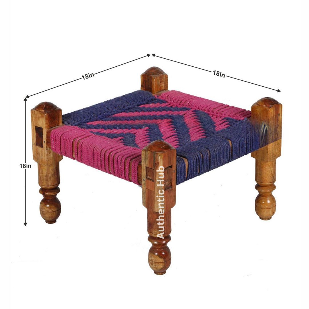 Chowki: Blue- Pink Knitted Jute Pidha, Wooden Stool, jute chowki - Antique Stool - AUTHENTIC HUB