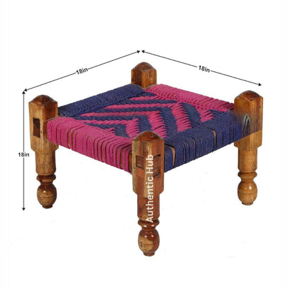 Chowki: Blue- Pink Knitted Jute Pidha, Wooden Stool, jute chowki - Antique Stool - AUTHENTIC HUB