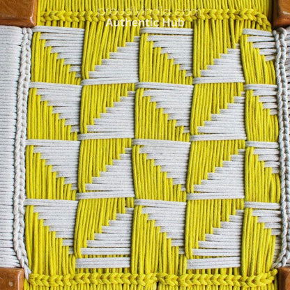 Yellow-White Traditional Pidha Wooden Stool: Handmade Jute Chowki, Wooden Chowki - AUTHENTIC HUB