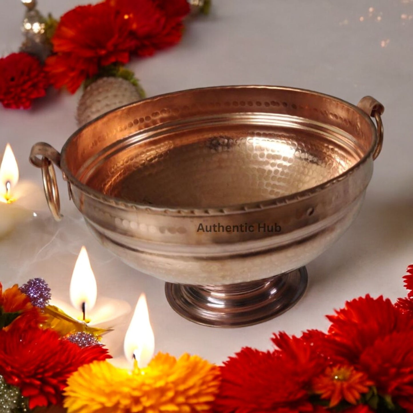 Copper Bowl, 1.7 Ltr Round Gangalam - Ideal for Home and Diwali Decoration, Handmade Traditional Bowl, Copper Serveware Online, Diwali Offer - AUTHENTIC HUB