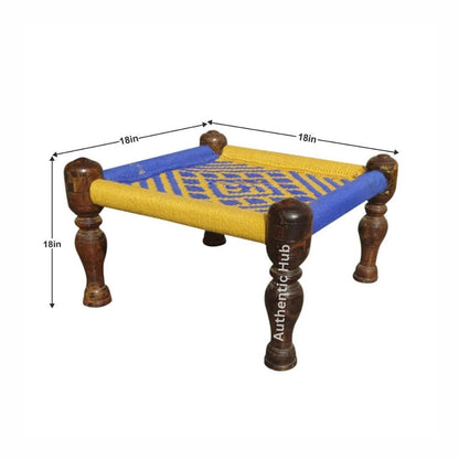 Handmade Wooden Chowki: Traditional Indian Pidha Jute Furniture in Yellow and Blue - AUTHENTIC HUB