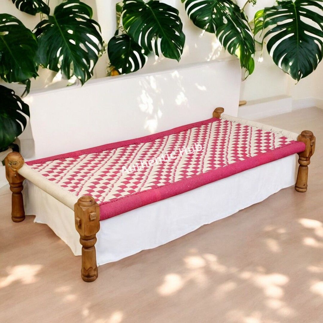 Khatiya: Handmade Daybed, Pink Woven Garden Bench, Indian Furniture, Rope Bed, Garden Bench - AUTHENTIC HUB