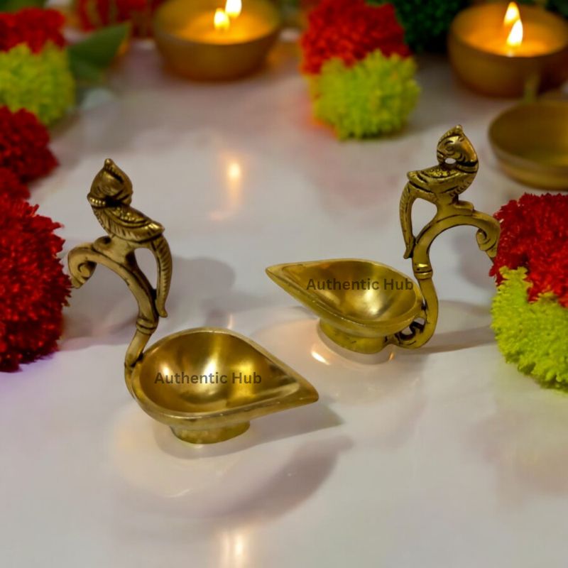 Brass Diya Lamp for Aarti, Peacock Handle Set of 2 Diya, Indian Brass Oil Lamp, Kerala Deepam Appam, Vilakku, Diwali Aarti Diya - AUTHENTIC HUB