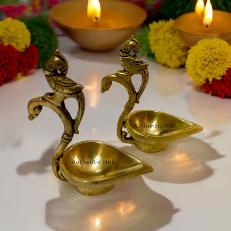 Brass Diya Lamp for Aarti, Peacock Handle Set of 2 Diya, Indian Brass Oil Lamp, Kerala Deepam Appam, Vilakku, Diwali Aarti Diya - AUTHENTIC HUB