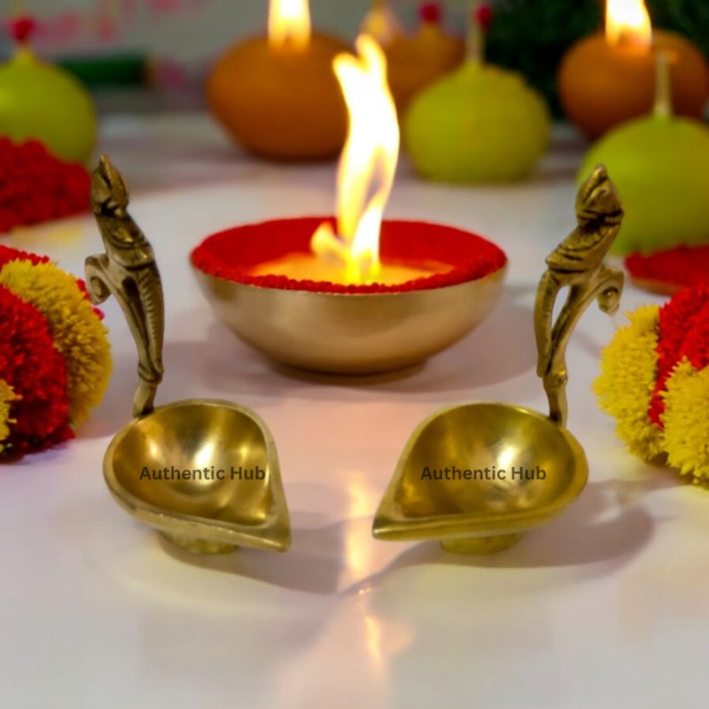 Brass Diya Lamp for Aarti, Peacock Handle Set of 2 Diya, Indian Brass Oil Lamp, Kerala Deepam Appam, Vilakku, Diwali Aarti Diya - AUTHENTIC HUB