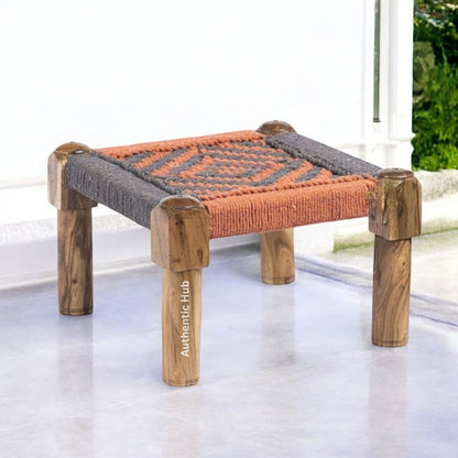 Furniture: Grey and Orange Wooden Pidha, Chowki, Beautifully Crafted Stool, Handcrafted Antique stool