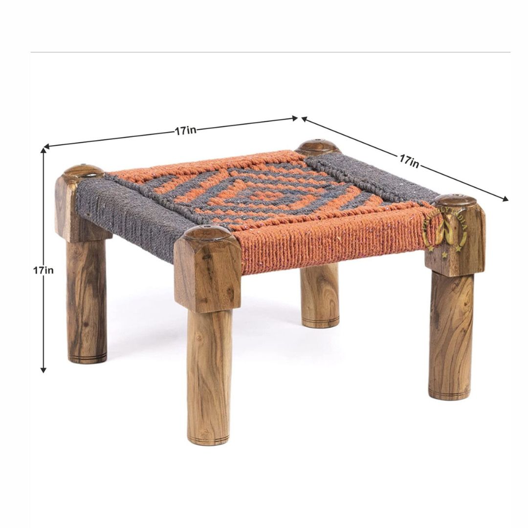 Furniture: Grey and Orange Wooden Pidha, Chowki, Beautifully Crafted Stool, Handcrafted Antique stool