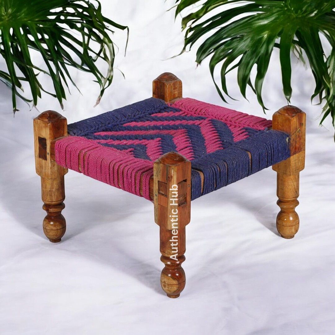 Chowki: Blue- Pink Knitted Jute Pidha, Wooden Stool, jute chowki - Antique Stool - AUTHENTIC HUB