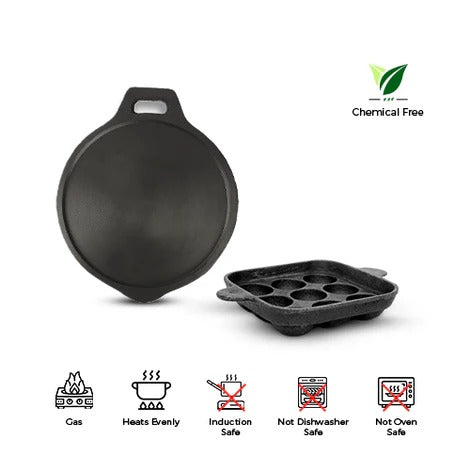 IronMaster: Versatile Cast Iron Dosa Tawa & Paniyaram Pan Set - Cook Paddu, Appe, Ponganalu & More Online!