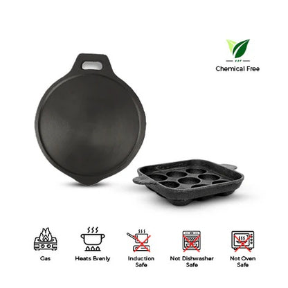 IronMaster: Versatile Cast Iron Dosa Tawa & Paniyaram Pan Set - Cook Paddu, Appe, Ponganalu & More Online!