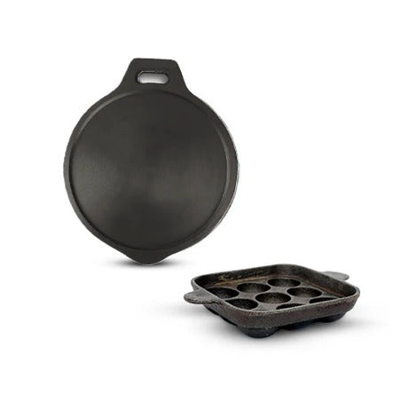 IronMaster: Versatile Cast Iron Dosa Tawa & Paniyaram Pan Set - Cook Paddu, Appe, Ponganalu & More Online!