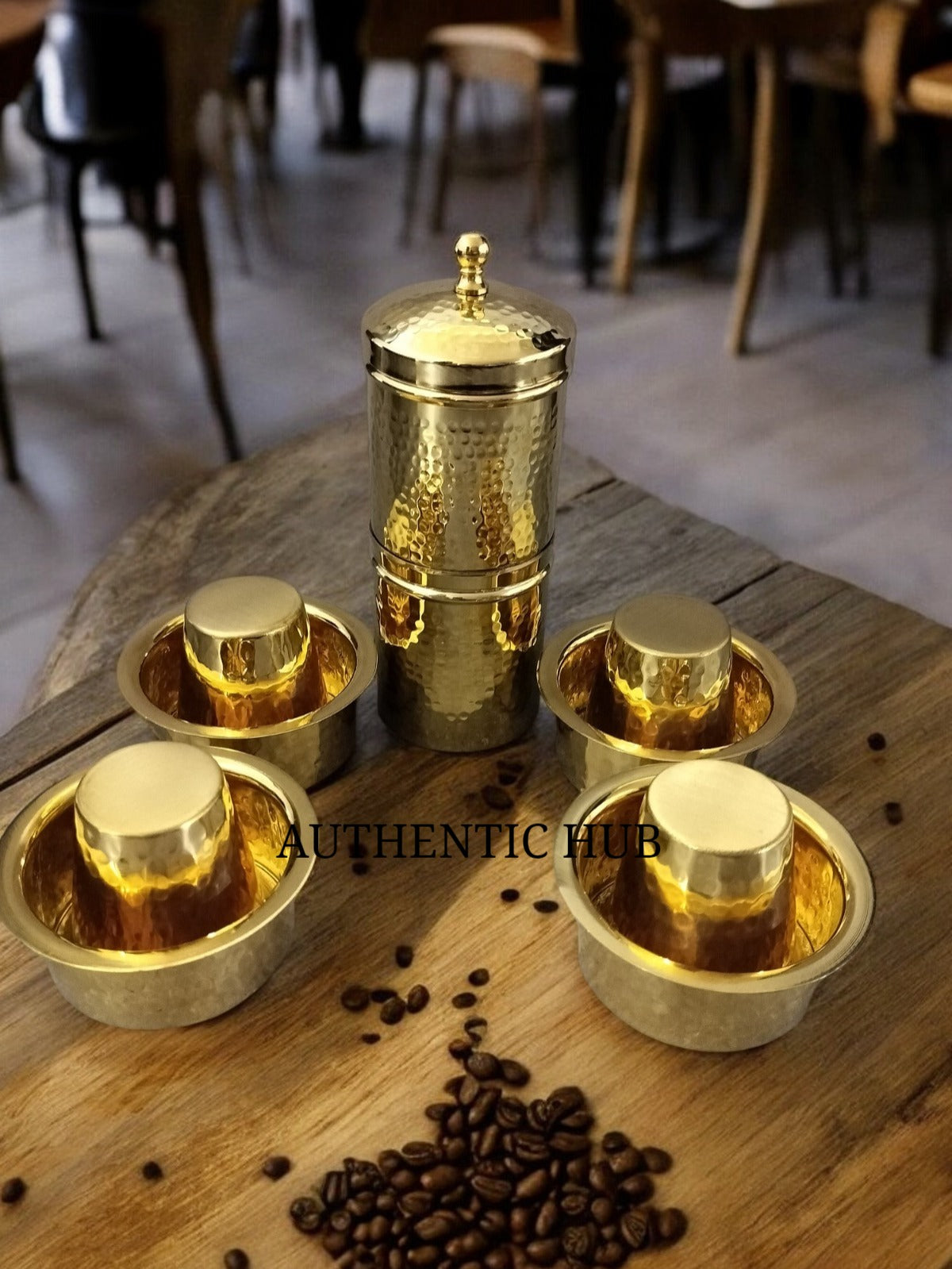 "6 Cup Hammered Brass Filter with 6 Dabara Set - Reusable South Indian Coffee Maker Gift Hamper"- AUTHENTIC HUB