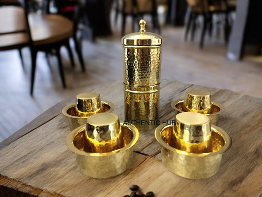 "4 Cup Hammered Brass Filter with 4 Dabara Set - Reusable South Indian Coffee Maker Experience, Gift Hampers- AUTHENTIC HUB